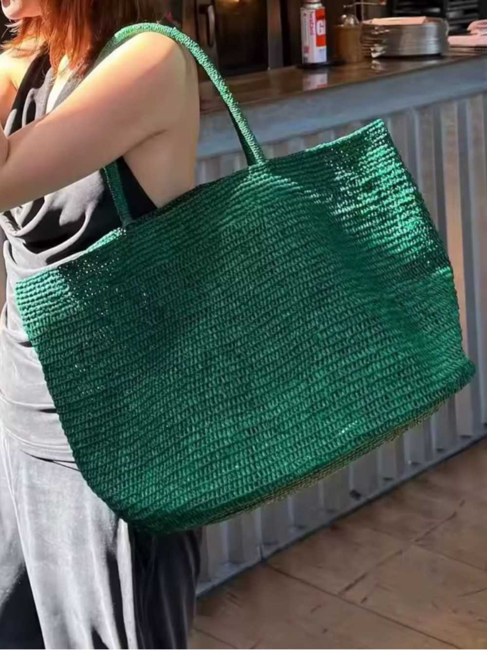 Large green raffia bag tote